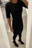 I have been in between sizes lately with Lulus (5'4", 116lbs) so after reading the reviews I decided to go with a small rather than my normal xs and I'm so glad I did. The dress fits perfectly. I have narrow hips so I'm always afraid the bottom will not fit right but this worked really well. The only reason I give this 4 stars is because the sleeves look a little too long. They could be shortened by about a half inch or so. It doesnt bother me that much since it's a work dress and I can always get them shortened if I want to. - Caroline M.