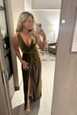 I got so many compliments on this dress! The velvet fabric was thick and had a liner that hung perfectly on the inside! I had to pin the front a little it was slightly too low cut for a black tie wedding. - Angela M.