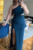 I loved the quality of the fabric and the color! Just as described and pictured as the image product. If you like a tighter-fitting dress, this one is great (more bodycon). Fit very well and will be wearing it to a gala/ball event! The blue is slightly lighter in person/daytime. - Justine W.