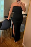 A very pretty dress that can be more cocktail, formal or a wedding guest! The actual fabric color is a bit darker than pictured, more like a green. Love the quality of the fabric and the length of the skirt! (It will definitely need a little ironing out after shipment). The top is also pretty sturdy and has a built-in bra-like structure, so it stayed up fairly well! The torso detail/wrapped fabric is a nice touch since the dress is pretty classic/plain. - Justine W.