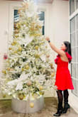 I give 4 star reviews to this dress. The quality is great i am wearing size medium. The medium it fits a little tight on me on my waistline. So the style is elegant perfect outfit for annual Christmas party dinner with colleagues and friends. - Lindy T.