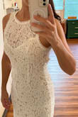 Things I love about this dress: the open back, it's very comfortable and lightweight (would be great for a beach wedding or hot climate), and the train is stunning. Things I did not love about this dress: it runs big for a medium, especially around the arms (kinda gapes at the sides, which I tried to capture in one of the photos), front slit (why is it in the middle?). Overall, I thought it was pretty and comfy but nothing to write home about. This dress also helped me realize that although I love the look of lace on others, I don't love it on me. - Natalie J.