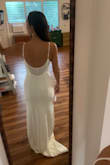 This dress is *chef's kiss*. So timeless, elegant, classy, beautiful, flattering. My only real issue is that I don't like the spaghetti straps + square neck combo, but if that doesn't bother you, buy this dress! It feels amazing on (soft, stretchy, nice weight to the material), has a beautiful train, nice scoop back. Truly an amazing dress for the price. The front seams are very flattering. Fit like a glove, and I didn't feel like I needed any shapewear underneath. - Stacey S.