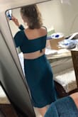 I ordered this dress for a wedding. Opted not to wear it for the wedding, but I'm keeping it for a night out dress because I love it. It's more blue than teal in person. If I'd been able to try this on in person I might have opted for an XL over a Large. It felt like the back needed to come down just a bit farther in my back, but the large fit ok (pictured).  I ordered a large at 5'11, 180lbs, 36DD, 33inch waist, and 39 inch - Terray K.