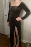 I bought this as a bridesmaid dress. It shipped very quickly! While not necessarily the style I would choose for myself, the dress was a nice, heavy fabric. It was very soft and warm! The slit was pretty high, at my upper thigh so I will have that altered. The shoulders have a thin strip of grip-like material sewn in to help keep them from falling down. I am 4 months postpartum and the material felt stretchy but clingy, so not the most forgiving in the stomach area. I would recommend wearing shapewear with it. The dress was just barely long enough for me (5'10) so I could only wear a low heel. The sleeve length was perfect. You will likely need to steam it before wearing. Overall, I felt that this was a nice dress that can be worn again for other occasions! - Katie C.
