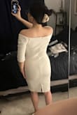 Gorgeous, sleek, simple dress. Flattering fit and the fabric is thick and comfortable. Cons: The hanger straps are sewn into a place that makes them super difficult to hide. I kept having to tuck them in to take pics. Even with the constant tucking, you can still sorta see one peeking out in the front-facing pic I shared (if you zoom in). Additionally, I knew when ordering that it did not have a built-in bra, but I decided to give it a go regardless. Upon trying it on, I really feel this dress would be so much better with some built-in structure for the bust. Given how the fabric hugs and follows every contour, it is super difficult to get a seamless look when wearing a strapless with it. Even despite the minor caveats above, I was *this close* to choosing this as my dress for our courthouse ceremony (woulda tried to make sticky boobs work and cut off the hanger straps). In the end, my mom's desperate wish to have me wear a floor-length dress won out (she's a real effective guilt-tripper lol). - Jen H.