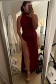 I think this dress is really pretty. The deep red is a beautiful color and the slit is a nice piece to the dress. I have a shorter torso so the neck piece didn't look as good on me. Otherwise, I'd suggest this dress! - Jordyn M.