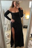 I love this dress, I think it fits perfectly all around. I love the slit in the dress and the material feels really good! Highly suggest this purchase. I love the long sleeves! - Jordyn M.