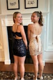 The dress was the perfect shade of subdued gold giving off old Hollywood vibes. It was soft to the touch inside but covered in geometric sparkle. The sheer ribbon fit comfortably around the chest/back and made for beautiful pictures at any angle. I felt extremely confident in the simple V-neck as I glistened throughout the day and night of winter Formal. Every photo looked amazing!! Indoors and outdoors this dress was stunning in any light. I did choose to heam the bottom by half of an inch due to my height and long torso. And don't forget to wear the straps low, almost down to your hips to get the best length out of the back of the dress. It allowed the dress to perfectly hug my hips and not create any bunching. Good stretch for ease to sit down and people are already asking if they can borrow it for sorority functions. Thank you, Lulus... I loved the dress and my mom loved the price. Best of both worlds. - Tiffany P.