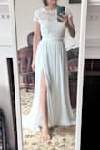 I bought this for a potential wedding dress for my intimate wedding. This felt fun and relaxed but also fancy enough to be used as a wedding dress. I'm a very petite person with a small bust but curvy hips. The top "fit" but I felt like movement around the arms was a tad restrictive. Also, I didn't love that when I lifted my arms up, the crop top came up really high exposing a lot of my middle section.  So I decided to go with another dress but otherwise, this is very pretty and would recommend! Might want to size up due to tight arms though! - Rachel T.