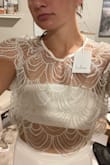Fits like a glove! Perfect white and the sheer is a very nice material and very flattering on. The top is smaller than I thought but I don't have a big chest area so it was fine on me. I would consider sizing up if you have a bigger chest size. :) - Evonne S.