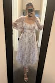 The dress is wonderful!!! Very flattering. It's good quality, no stretch at all (wish there was a bit), but rather very silky and soft on skin. No weird chaffing parts. Sleeves don't droop, they have a nice hold to them with a stretchy part. True to image presented online. Pure white with purpley-pink floral. Zipper is a bit of a pain in the butt/stubborn at waist seam, but not impossible. I ordered my usual size (medium) and I'm usually about 130lbs& However, I'm pushing almost 150lbs+ now and 5ish months pregnant, but it fits like a glove! I probably could have sized up and enjoyed it more while pregnant, but should be able to get lots of wear out of this ethereal dress even in the future! Just lovely!!! - Hayley L.