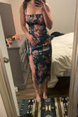 Fits true to size. Green is beautiful. Have to play around with the way you tie it to get the boob area to fit just right the slit comes up past mid-thigh. Super comfortable easy to dance in. - Veronica G.