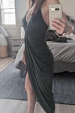 Such a flattering, sexy dress. Originally got this for an afternoon cocktail wedding, but I think I'll save it for a late night out instead. I'm a C cup and wearing pasties in the pics, if you're more well-endowed you'll probably need tape. The inner lining is just a hair shorter than I'd prefer so I plan to wear something under. The fabric is very drapey and will travel well. - Makenna J.