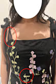 Upon receipt of this dress, I immediately noticed various loose threads in the embroidery. One flower was also cut off at the seam under the bust in the middle of the bodice. Considering the 3D flowers are supposed to be a show stopper, I feel like your eyes are drawn to this mistake in design. While the double-lined material of the dress was comfortable, I had issue with the thin mesh tie straps. They seemed too delicate to bear the weight of the dress. I would have preferred sturdier straps hidden under the romantic fluttery ribbons. Since the dress was too long (normal for me), I would have had to alter those flimsy straps. I wouldn't remove any of the beautiful flowers from the bottom, especially the orange one that pops against the other colors. But I don't want to deal with the straps snapping off, so I have initiated a return. The dress still looked pretty from afar; my photos were just taken quickly in unflattering indoor lighting. - Alice Y.