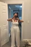 I was so hopeful about this one. Always on the lookout for a good jumpsuit and I have a hard time finding them that fit. 

It ALMOST hit the mark. Beautiful fabric. Really well made. Top fit great too. You can wear a bra easily if needed with the straps but it's snug enough smaller busted ladies could very easily go braless. 

Issue is the bottom. WAY WAY WAY too much fabric!  It's double layered - which is nice cause it's not see through and it still light enough for summer - but it poofs out so much I feel like it adds 20 lbs. The fabric is actually thick enough it would probably be fine with just 1 later. Or 2 layers with thinner fabric. 

Either way, just didn't work for me. Returning for something else on my list. - Kasi H.