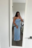 Runs super long, I'm 5'2 and with 3-4" heels it still dragged on the ground. The ends are not finished so it looks super frayed and bad quality. The blue is not like the cute light pastel blue from the golden hour picture, more of a bright powder blue. Not good quality either, the zipper is hard to pull up even when not on because of the mesh fabric. - Sara L.