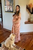 Wore this dress for my baby shower and received so many compliments! I'd been looking for something that wasn't technically maternity but still flattering for the bump and this was perfect! I ordered my usual pre-pregnancy size (small in lulus) so I could wear it again after. The band has plenty of stretch and it's very flowy so it's very forgiving. I didn't even realize when I ordered the dress that it does have small metallic accents that really add to the dress! Definitely reccomend for any expecting moms! - Miranda