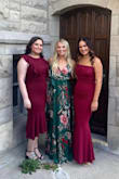 I love the material! It is soft and silky while still being "heavy" enough to feel high quality. The color is beautiful - it's one of my favorite dresses I own. I wore 3 inch heels and got away without hemming it. - Spencer S.