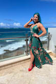I bought this dress in green for a beach wedding. It's beautiful and I received so many compliments on the dress. I'm short so I had to tailor the length of the dress and it was big in the chest area but it wasn't that noticeable. This dress is made for large breasted women. Other than that, the dress is great! I love the fabric, I love the colors and it was perfect for my beach wedding - Azalia R.