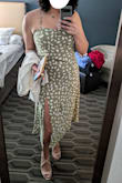 I wore this to my little brother's Vegas wedding. I loved the length with the slit and the color was good for early spring. This fit me slightly large and there was some gaping near the armpit area. I ended up solving that by criss-crossing the straps and tying them at the back instead of at the top of my shoulders, and then clipped the ends so they were even. I might have been able to get away with a medium instead of a large, but the large worked out fine too. - Meredith B.