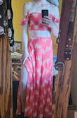 I love this set so much. I bought it for a wedding, but the crop top shows a little more skin that I want to show at said wedding.  I am quite tall though, so it could work for you. I am definitely still keeping it for vacations or other events.  Great fabric, long enough, fun, flattering, and the top would stay put all day even for IBTC members. I also like that you can wear the straps off or on the shoulder. - Tayler T.