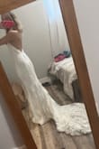 Dress is absolutely stunning, even nicer than the photos online. I love the train in the open package, so flattering, and the material is definitely high-quality. NOTE: In the info, I did provide my true measurements, but they only had a size medium, so that was the size I had to get. I would say the dress is true to size because I will have to get it taken in a few inches, which I knew ahead of time because I ordered one size up due to my size not being available. - Jayna H.