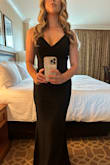 This dress was absolutely perfect and fit me like a glove. I loved that I could wear a regular bra with it.  It's so simple but can be worn on so many different occasions. The fabric is a little thicker, which I liked, so you don't have to wear spanx. I wore thicker and shorter heels. It touched the floor, but I wasn't tripping over it at all. I would get this in multiple colors; the fit was so good! I got a small. - Melody S.