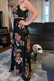 Love this 2 piece dress. Bought this for a cruise. I think the wrap skirt is nice if you overeat haha, and I like that the top is adjustable with the straps and tightness around. I did wear a black strapless bra and it looked great. I am 5'7 and thought this was a good length with a 3" heel. I usually wear a size 6; read the reviews and went with a medium. I think I could have fit in a small, but it would not have been as forgiving. I also have a longer torso if that helps. - Cailyn B.
