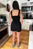 Love this soft romper with pockets. Will definitely be a go to. Wish it was longer though. Barely covers top of my thigh when I sit. Runs small overall too. I sized up and it fits nicely. - Marline K.