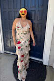 I don't see ANY reviews here on the tan dress, so I'm glad I snagged it - I wore the tan version to a wedding on my birthday and it was a HIT. I felt so beautiful and flowy, and because it's tan and printed, it didn't look close to the bride's white at all. I was worried the mesh might be too delicate for dancing, but I wore 3 inch heels and it didn't touch the ground! It has a cross-back tie so it stays secure, and the dress just fit like a glove. I already can't wait to wear it again for a different event. HIGHLY RECOMMEND! BTW I am 5'5", ~185 lbs, 36DD cup size. - Leah A.