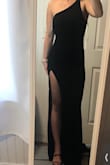 Beautiful dress! Fits true to size and very flattering. May need to get the leg slit altered so it is not so high on my thigh but not a huge issue. Material hides any imperfections. - Riley R.