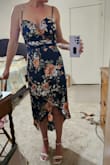 Perfect dress for a family wedding. I have a larger chest and the dress was not too revealing.  Great length, nice, and flowy. I ordered a small because the fit expert told me it ran big. It fits perfectly.  No issue with the straps since they are adjustable.  Only complaint was the slit runs up pretty high when sitting but it is not a deal breaker. I would recommend this dress. The navy color was the perfect choice. - Ivy S.