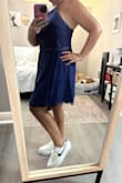 I'm a mid 40s Woman with real curves so I ordered a large even though I'm normally a medium, I wanted to be comfortable. We're going to a Vegas wedding end of May and I've been worried about being too hot. Holes for venting are perfectly placed. The bride loves it. I'm pairing with a pair of Nike platforms with the blue swoosh. Very happy with fit and style. - Jamie R.