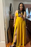 This dress runs a little small in the waist however I wouldn't exchange it for a bigger size due to the flaring in the bust, for reference, I'm 153 lbs and wear a 32B. I think this dress can work for bigger busts using double-sided tape. It is very long even with heels, however, I wouldn't change a thing. - Ana C.