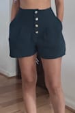 They look exactly like the picture except shorter. The material is nice because it's polyester on outside but a nice soft lining on the inside. They are not the highest quality shorts I own, but nice enough. Definitely measure the inseam and pay attention to the measurement related to length because they are very short. too short for my liking but I kept them because I needed high waist shorts for crop tops and I like the buttons in the center..they place attention there instead of the width of your hips. I recommend especially if you don't mind short shorts. - Marline K.