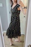 Love the stretch waist and the metallic gold dots, and the black is elegant. It's comfortable and flattering. I bought this for a wedding but can see myself wearing this to many events. I bought this in my normal size Medium (8/10), and it fit perfectly. 5'9.5", 155 lbs, 36B, 30-31" waist, 40", athletic build. - Christina M.