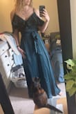 I got this because it was on clearance for a crazy good price. I LOVE wrap dresses like this so much because you can adjust them to fit perfectly. The snap thing where the bodice crosses over is absolutely useless like other reviewers said so you'll need to either take that off and wear it open (more revealing) or something more secure like a safety pin instead. It is fastened in the photos, but as soon as I'd move, it would pop open immediately. I'm 5'9" without shoes, and it's just brushing the floor. I'm usually not a fan of cold shoulder, but this one works I think. And you could actually put the shoulder part under your arm if you wanted to make it just look like a ruffle that goes all the way around the top. - Emily F.