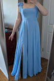 My measurements are just under the XXL size, so based on the reviews I ordered an XL + XXL to test and I'm glad I did because the XL fits with room to spare, with an extra inch or 2 in the bust. The size chart runs a little large for this style. FYI I'm 5'8" and this dress is quite long, it barely grazes the floor in 3 inch heels. The dress itself is beautiful. I had to find a full-length bridesmaid light blue bridesmaid dress and I feel like a princess. The ties will take some work to adjust but are super cute, and the skirt is flowy. The square neck feels more trendy and less obviously bridesmaid as well. Fabric feels a little cheap but that's fine. My one complaint is when I tried it on with taller shoes, I noticed that the hem is totally uneven and the side with the slit is shorter by at least an inch (see pic). Hopefully no one will notice when I'm wearing it, but I feel like an even skirt length is the bare minimum for an event dress like this and if I had more time, I'd consider returning it. - Leanne W.
