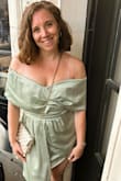 I wore this to a wedding and received so many compliments on the dress! It fit so well and didn't really show much sweat ( you always gotta break it down on the dance floor). Really comfortable and a beautiful color!!! I sized up to a large. - Kathryn K.