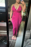 This dress is perfect for a sexy cocktail look. It is form-fitting, but the draping in the front paired with smoothing shapewear makes for highlighted curves without the lower belly fight. My bust look good and free in this dress, but after these pictures, I was able to concoct different and more conservative looks with fashion tape and boob tape. I'm a little worried that the slip will ride up throughout the event, so I will be taping the very top of the front opening just in case. From the back, I'm worried I'll send someone into cardiac arrest, but I am proud lol! Overall, super cute and bold dress. - Jessa P.