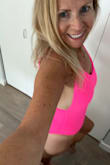 The bathing suit is cute on, love the pink... very pretty.  I like that the back is low enough to get some sun, but not too bare that I feel overexposed.   Beautiful material. I ordered one in black and red as well, very stylish and great price point. - Ann F.
