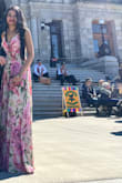 This dress is beautiful. Lovely material. The color is very soothing for the summer. Fit is perfect, and I can wear a bra inside, which is important for me since I have a small chest. The material is luxurious and the print is endearing. Tons of material in the dress. Highly recommend. - Sandhya S.