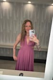 This dress was absolute perfection! I felt like a princess the whole night and got so many compliments. Some words of caution: the material at the waist is not forgiving, and I'd consider this to have a shorter torso. I have a longer torso, so this hit me at my ribcage and my standard size M was too tight. I sized up to a L and the waist was snug but fit. It did make the cups gape some at the larger size, but I have zero breast tissue (bilateral mastectomy). Nothing a little fashion tape couldn't fix! Also, for my fellow tall girls - at 5'10, this dress just barely whispered the floor with flat sandals. Perfection for me, but consider this dress runs long if you're shorter. - Lauren G.