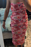 I love the design on the fabric and how lightweight it is. Unfortunately, it is snug around the hip area and bottom hem, cutting my stride short.  I am a size 6 and ordered my usual S, however, I think a M would have worked for me. Edit: After receiving a size M, I should have stuck with the S.  The M dress I received has some issues with the zipper and is much too loose around my 34C chest. - Nadine G.