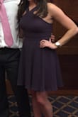 This dress fit me great! It was definitely true to size and super flattering. Not too tight or clingy in the waist or hips at all. The material was nice and didn't wrinkle too much. I wore it to a wedding and got tons of compliments! Color is closer to the darker purple of the two photos I uploaded. - Katie R.