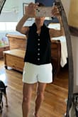 This top is the perfect length, it's not too long. Also, it looks really good with shorts or my linen pants. I got a small. It runs a little bit large or the style is a little blousy so exchange it for an extra small, which is perfect. - Laura G.