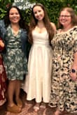RUNS SMALL! No stretch. Despite that, This dress is so beautiful, pictures don't do it justice. Fabric is thick and it flows out so lovely. Detail on it is gorgeous. I ordered it in a small but I could not fit my rib cage in it so I bought a medium and it was perfect. - Cortney N.