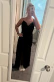 Cute in the pics online but not as much in person. Loved the price because it was on sale. Cheap material. Neckline droops extra low, even when you have the chest to fill it out or readjust the way it lays. (See pic) Fits in the hips great, which is why I probably couldn't get a smaller size, and the length is fine. I will have to wear 3-4" heels, but I was planning on doing so anyway. The slit is perfect- not too high and not too low- hitting above the knee like in the online picture. Wouldn't recommend this specific dress but I'm going to have to make it work for the upcoming wedding I'm in. - Brooke B.