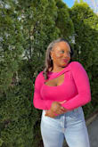 For all my HOT PINK Lovers & this is for you!! The material is soft & super comfortable. This top is super cute, fun and flirty! The material does cling to your body just in case you're wondering! And, it's even flattering on us "top heavy" beauties too! Very cute for a night out! Pair it with some high waisted jeans and you're all set!! - Riyyah J.